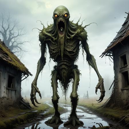 grim huge slimy creature of hate wearing the face of disgust wandering trough the old abandoned village looking for food, perfect composition, cinematic lighting, goosebumps atmosphere, dark scenery, the feeling of fear and melancholy, magical, mixed style by Marc Simonetti and Kay Nielsen and Alessio Albi and Vladimir Manyukhin and Sung Cho, incredible masterwork by head of prompt engineering  <lora:add-detail-xl:1>  <lora:xl_more_art-full_v1:0.5>