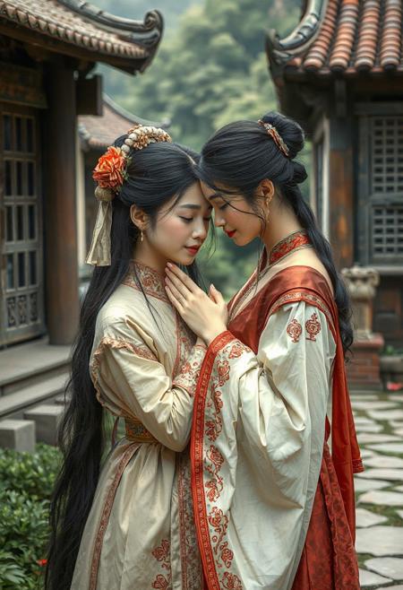 14th century Chinese village, home, Tonkin girl, 18yo, Jade Maiden, 18yo, shy, embrace, eyes closed, hand under gown, touching each other's face
