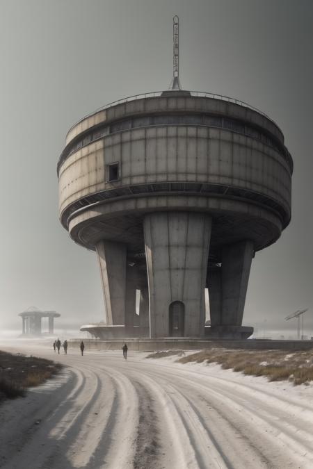 architecture, soviet architecture, photorealistic, retro, (soviet), (megastructure), low saturation, dirt, futuristic, concrete and shiny metal, details, texture, symmetric, dynamic light, film grain, 
<lora:soviet_architecture_v1:0.5>, fog, snow-covered landscape, Medieval Surrealism, intricate political intrigue