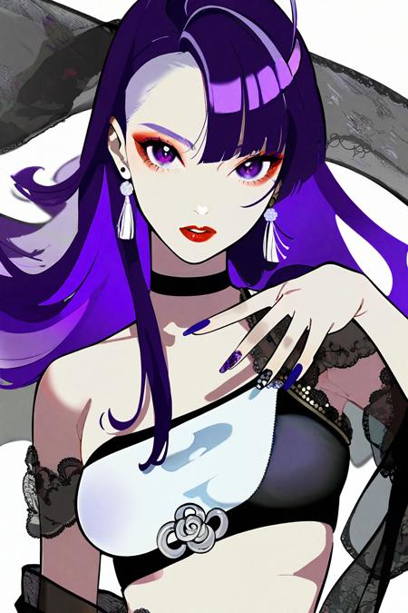 beautiful color, artist: yoneyama mai, 1girl, solo, style: flat color, simple background, white background, holding, looking at viewer, parted lips, purple eyes, makeup, long hair, purple hair, ahoge, breasts, choker, purple nails, nail polish, earrings, best quality, sarashi, see-through