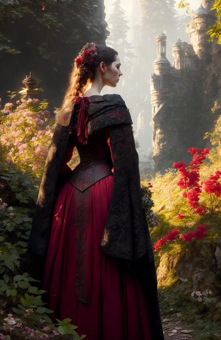 Style-Empire epic mountain and coastline background, award winning closeup portrait photo of a (Countess:1.3),wearing an intricate baroque dress (red cloak:1.2), black french braid hair,  (Crypt:1.3) and dense forest in background, dark and scary, large bushes in foreground, (Crypt:1.3) overgrown with jungle plants in background, (backlighting:1.2), bloom, (light sparkles:1.2), chromatic aberration, (lens flare:1.2), sharp focus, majestic oil painting by Ed Blinkey, Atey Ghailan, Studio Ghibli, by Jeremy Mann, Greg Manchess, Antonio Moro, trending on ArtStation, trending on CGSociety, Intricate, High Detail, Sharp focus, dramatic, photorealistic painting art by midjourney and greg rutkowski, Style-Renaissance