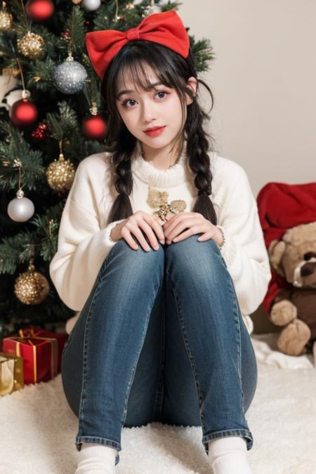 1girl,moyou,masterpiece,best quality,1girl,winterstyle,christmasstyle,1girl,jeans pants,white down jacket,bow headband,
solo,christmas tree,black hair,realistic,smile,twintails,christmas,stuffed toy,sitting,gift,stuffed animal,teddy bear,socks,christmas ornaments,looking at viewer,
<lora:lsqy1.5_V2:1>,