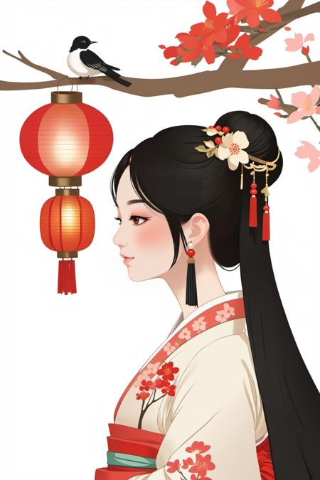 <lora:chahualiu:0.9>,chahua,1girl,jewelry,earrings,black hair,long hair,profile,hanfu,flower,hair ornament,bangs,upper body,hair flower,red flower,long sleeves,blush,lantern,tree,bird,no humans,white background,simple background,house,