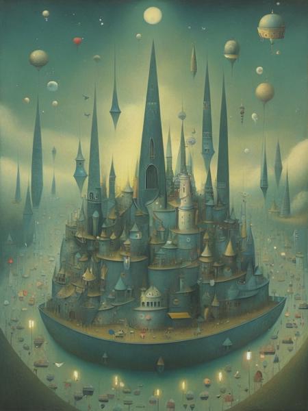 <lyco:ShaunTan:1.0> A painting of a magic city, arts and crafts movement, a storybook illustration, inspired by nicoletta ceccoli, shaun tan, dreamy surrealism aesthetics