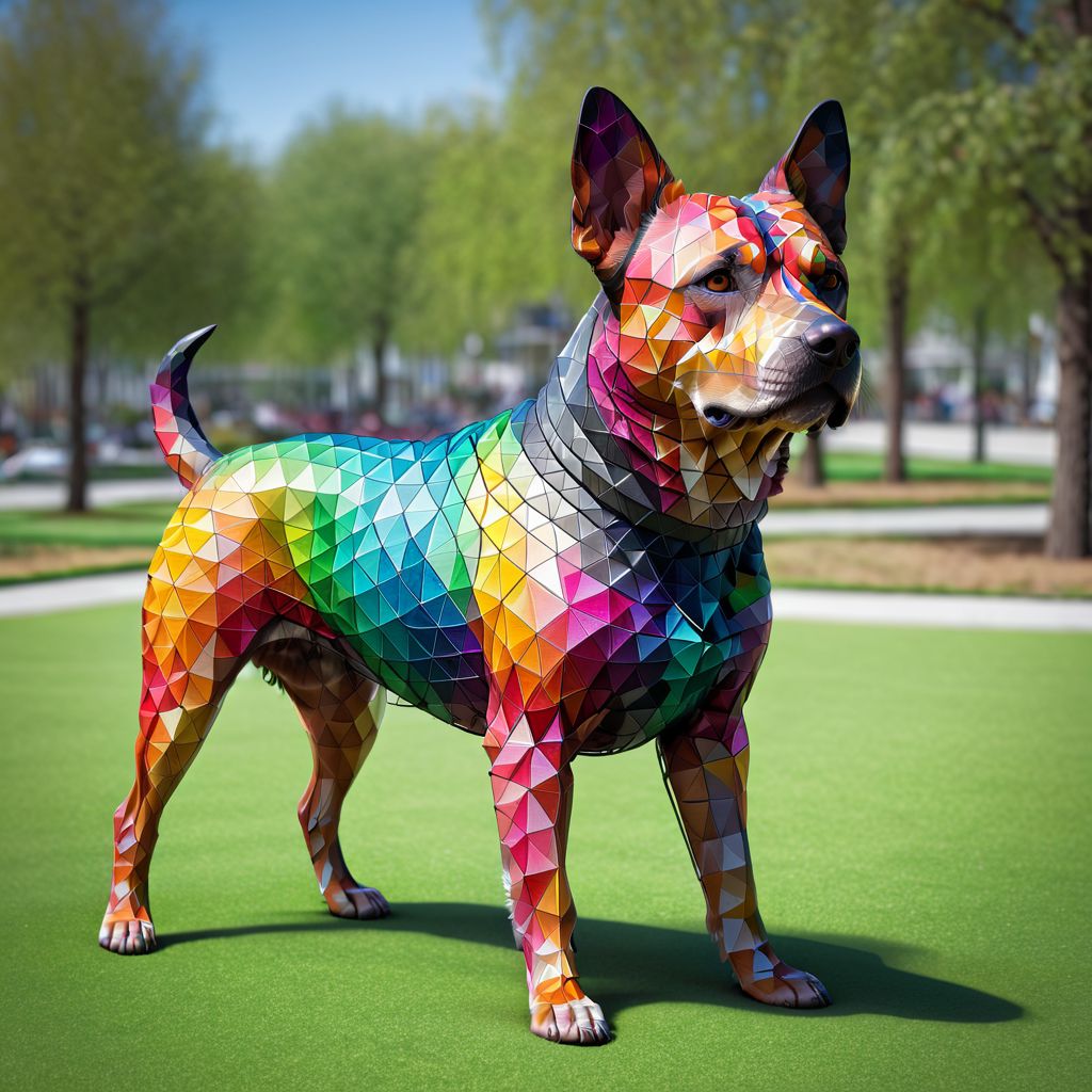 (colorful mad-triangle dog, main focus) in a wireframe park