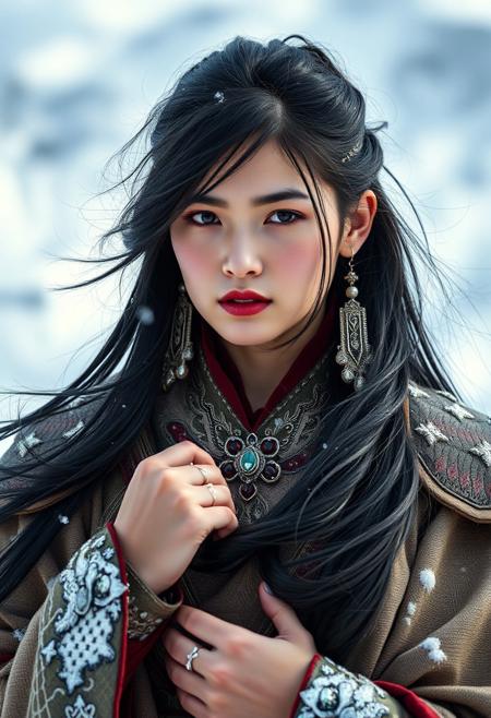 symmetrical full shot of a mongolian warrior girl, standing pose, long hair, black hair, jewelry, red eyes, makeup, red lipstick, pale skin, white skin, armour, earrings, wearing elegant costume, in the moutains at winter, winter, snow in the background,  skin texture, best quality, ultra-detailed, analog style, cinematic light, sidelighting, ultra high res, serious expression , closed mouth, wind, mist