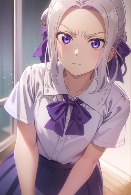 shinokiryuu, <lora:shino kiryuu s2-lora-nochekaiser:1>,
shino kiryuu, (purple eyes:1.1), white hair, hair bow, purple ribbon, frown, angry, (flat chest:1.2),
BREAK skirt, shirt, bow, school uniform, white shirt, short sleeves, pleated skirt, bowtie, blue skirt, 
BREAK indoors, classroom,
BREAK looking at viewer, (cowboy shot:1.5),
BREAK <lyco:GoodHands-beta2:1>, (masterpiece:1.2), best quality, high resolution, unity 8k wallpaper, (illustration:0.8), (beautiful detailed eyes:1.6), extremely detailed face, perfect lighting, extremely detailed CG, (perfect hands, perfect anatomy),