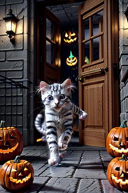 Capture a full hyper-realistic photograph of an adorable  white kitten running halloween town with ghosts flying around and jack o lanterns in doorways, cutest kitten in civitai, side view, chubby kitten, short legs, close up, c4d, blender, raytracing, unreal engine 5, render 3d,