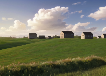 a group of houses in a field with a sky background, <lora:Level94-10:0.60>