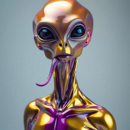 abstract male alien model in latex shiny full body outfit  avant-garde style with reflective gold and purple bold Color Scheme   He has a small nose and slim mouth with a long tongue