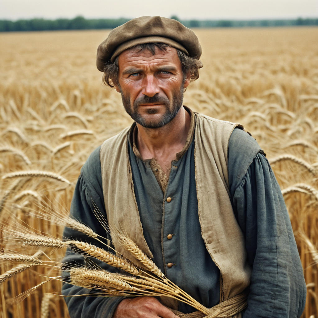 a medieval farmer, twill peasant clothes, standing in a wheat field, wheat harvest, dirty face, (faint of enigmatic smile:0.25), stoic, looking at viewer, eye contact, portrait, vintage photo, 
