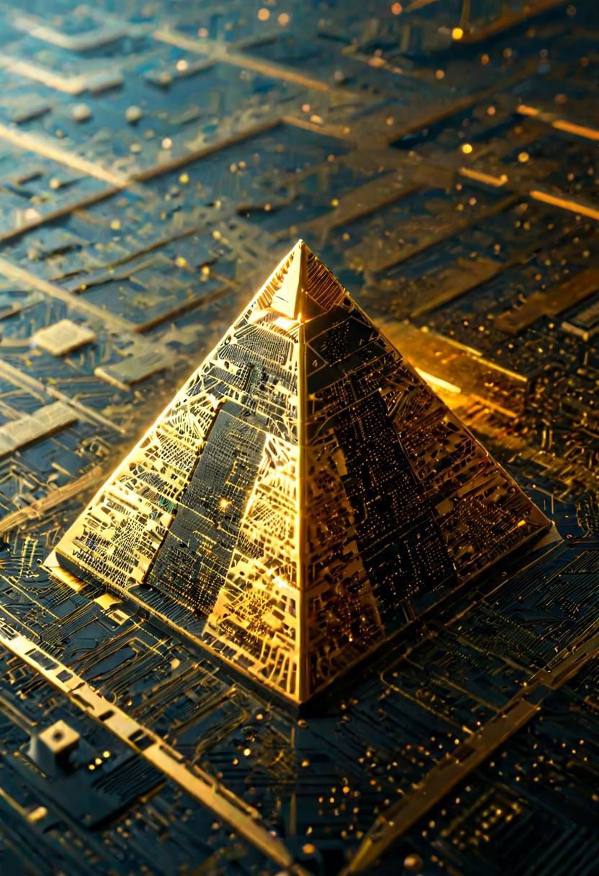A golden pyramid on top of a circuit board.
