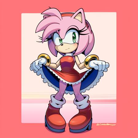 <lora:AmyRose1:1>, (masterpiece best quality:1.2), hdr, (uploaded on e621), (((by marthedog, by chadthecartoonnut, by excito))), amy rose, 1girl, simple background, gloves, white background, dress, underwear, standing, panties, tail, full body, ass, hairband, boots, sleeveless, white gloves, clothes lift, from behind, skin tone arms, white panties, bracelet, sleeveless dress, short dress, red dress, red footwear, furry, dress lift, furry female, red hairband, solo, sonic the hedgehog \(series\), green eyes, animal ears, pink hair, pink fur, short hair, animal nose