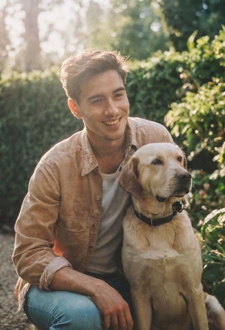cinematic film still fashion photography portrait of 1man with dog as companion, headshot, sunlight , Fine Art & Beauty Photography – ,,light diffraction in frame, dreamy,hazy look.  Helios 44-2 lens mounted on a Praktica MTL 5B Helios 44M-4 lens, 58mm f/2,   in a garden. authentic happy smile