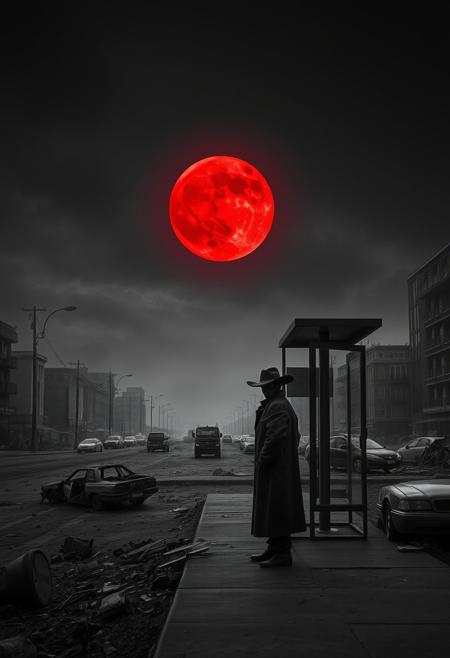 A grim cityscape stretches out under a dark, eerie sky, illuminated only by the bright red glow of a blood moon. The city is in ruins, with debris scattered everywhere and broken cars littering the streets. This monochrome scene is captured through a stark, dramatic lens, giving it a striking and haunting composition.
Amidst this desolation, a peculiar figure stands alone at a bus stop. It's a humanoid robot, faceless, dressed in a long coat and a cowboy hat, adding a touch of mysterious character to the bleak environment. The only color in this otherwise monochrome street photograph comes from the eerie red moon, casting an unsettling light over the dystopian setting.