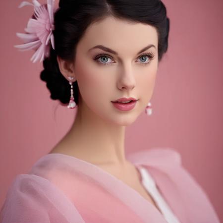 Taylor Swift is dressed in a pink outfit, 1girl,black hair, solo,realistic, looking at viewer,  2K, 4K, best quality, masterpiece,  beautiful eyes, photorealistic, portrait shot, close up