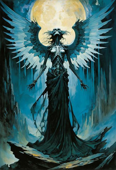 A hauntingly ethereal scene where a shrouded creature, its form obscured by tattered cloaks of shadow, emerges from the inky abyss. Its skeletal hand, elongated and tipped with sharp claws, is poised to pierce the chest of a serene angel, , <lora:add-detail-xl:3>, famous artwork (by john berkey:1.2), (fractal art:1.2), fantasy style,, (by Henry asencio:1.1), (by Josephine Wall:1.1),  (by Edgar Degas:1.2), (by Pierre-Auguste Renoir:0.9), (by Claude Monet), (by Vincent Van Gough:), (by J M W Turner), (by Hokusai) and  (by James Gurney) , (oil painting), (Art Nouveau), (by Gustav Klimt:), (by Egon Schiele), (by Oskar Kokoschka), (by Alphonse Mucha), (in ukiyo-e art style:0.6), (masterpiece:1.2), (epic composition:1.4), (talent:1.2), close-up shot,
