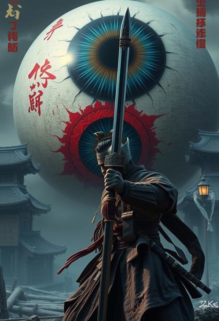 cinematic, 32k, hyper detailed, a korean warrior holding a sword against a giant eyeball, long sword, korean costume, korean village