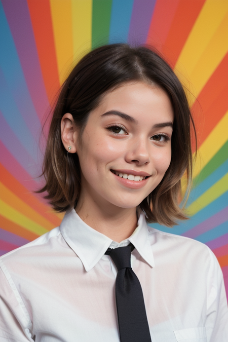 ClarissaMuller as a sexy TikTok influencer, (big smile:1.3), long hair, modelshoot style, in front of a vibrant rainbow background, (extremely detailed CG unity 8k wallpaper), photo of the most beautiful artwork in the world, professional majestic (photography by Steve McCurry), 8k uhd, dslr, soft lighting, high quality, film grain, Fujifilm XT3 sharp focus, f 5.6, High Detail, Sharp focus, dramatic, (wearing a black business suit with a white shirt and a black tie:1.4), (looking at viewer:1.2), (detailed pupils:1.3), (natural light), (closeup:1.2), (seductive) <lora:Colored_Lines_Background:1.2>