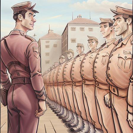 a very strong French foreign legion officer man in uniform talking to privates man in line and buildings in background