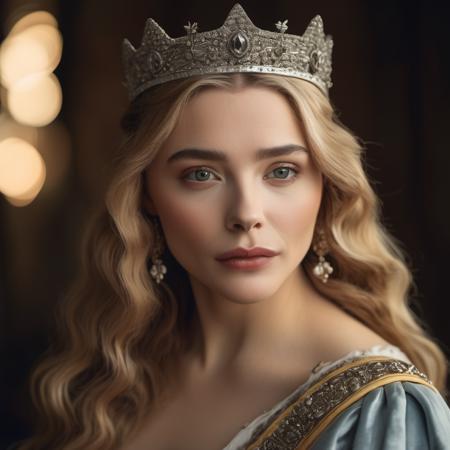 Portrait photo of an actress dressed as a medieval queen with a delicate tiara on her head, Nikon Z9, realistic matte skin, skin texture visible, (sharp focus), (high quality)