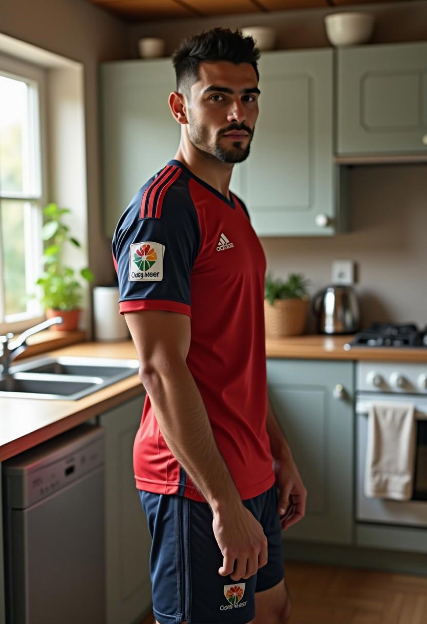 realistic photo of a latino man in his mid twenties, black hair, crew cut hair, soccer shorts and jersey, socks, slim fit. standing in a kitchen, latino man, gay latino, short black hair, crew cut haircut,