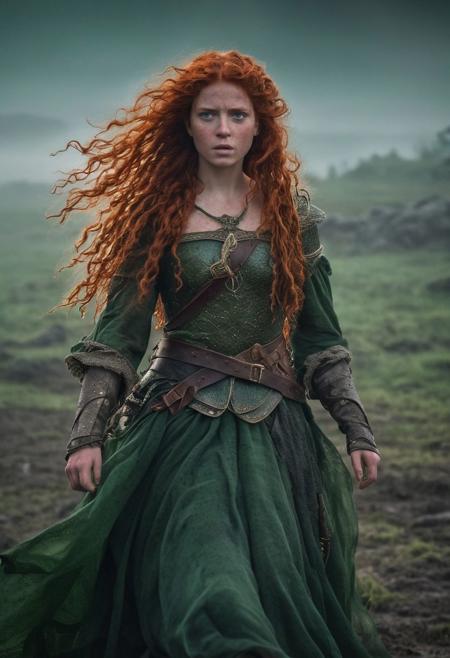Close Up shot of  Merida from the Brave  tale as a princess warrior, she IS a very beautiful girl, long curly red  hair, beautiful, ancient celtic armour, dirt Green dress, wind, at night, fog, mist, battlefield at the background, National Geographic photography awarded masterpiece