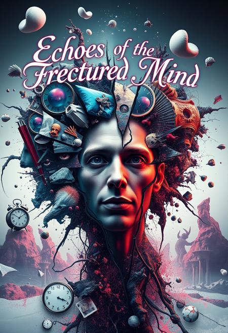 The phrase "Echoes of the Fractured Mind" appears in elegant, yet slightly distorted calligraphy, integrated into the surreal landscape. Hyper-detailed, with a mix of photorealistic and abstract elements. Rich, oversaturated colors blend with areas of stark, clinical whiteness.
A digital art piece visualizing the inner world of schizophrenia. Fragmented reality splinters across the canvas, with multiple perspectives and timelines overlapping. Vivid hallucinations materialize: eyes peek from impossible places, whispered words become tangible, floating text. Paranoid delusions manifest as shadowy figures with malevolent grins lurking at the edges. 
Intense emotions swirl in neon colors - fear, confusion, and fleeting moments of clarity. Everyday objects morph into surreal, threatening forms. A cacophony of voices represented by swirling, chaotic patterns. Time distorts, with clocks melting and numbers scrambling.
Central to the image, a fragmented self-portrait struggles for coherence amidst the chaos. Layers of perception peel away, revealing both inner torment and moments of profound insight. Symbols of disconnection - frayed neural pathways, shattered mirrors - contrast with images of hope and resilience.