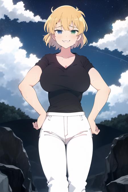 masterpiece, best quality, 1girl, ryouna \(senran kagura\), senran kagura, short hair, blonde hair, blue eyes, green eyes, heterochromia, collarbone, breasts, large breasts, huge breasts, looking at viewer, facing viewer, pov, worried, happy, :3, grin, smug, naughty face, seductive smile, solo, solo focus, shirt, collared shirt, sleeveless, (black shirt:1.5), bare shoulders, pants, (white pants:1.5), wide hips, thick thighs, dutch angle, cowboy shot, outdoors, night, night sky, starry sky, cloud, muscular female, hands on hips, simple background,