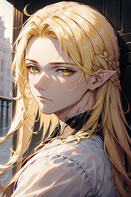 1boy, platinium blonde hair, long hair, yellow eyes, pointy ears, head wreath, golden necklace, armlet,