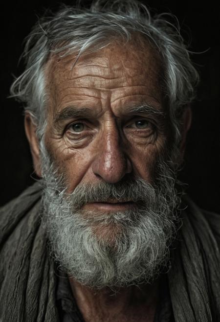 In a dimly lit, intimate setting, a close-up shot frames the weathered face of an elderly European man, his piercing eyes fixed intensely on the viewer. Tattered rags drape across his upper body, white and grey hairs mingling on his scalp like wisps of time. A thick beard and facial hair accentuate deep lines etched into his highly wrinkled skin, telling tales of a rough life. The 12K cinematic shot bathes the scene in dramatic shadows, underscoring the weight of worries that seems to suffocate him.