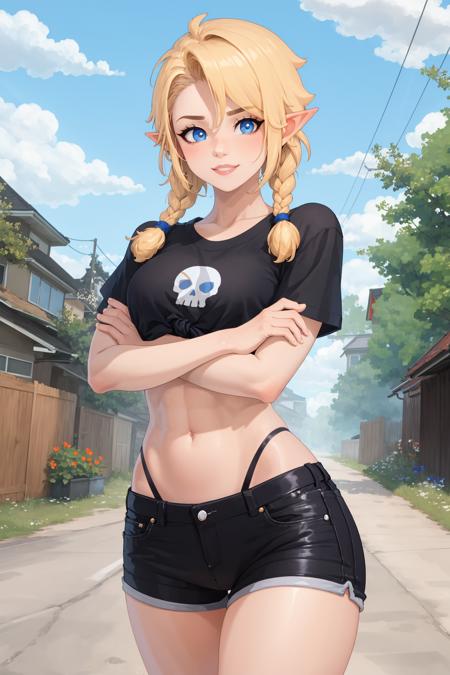 (masterpiece, best quality), outdoors, summer village, cowboy shot, 1girl, solo, SassyRonin, pointy ears, bright blue eyes, medium breasts, blonde hair, twin braids, <lora:SassyRonindude_V1-Manityro-Dadapt:1.0>, toned, abs, happy, smile, parted lips, midriff, stomach, collarbone, tied shirt, black shirt, short sleeves, skull print, black shorts, highleg panties, crossed arms,