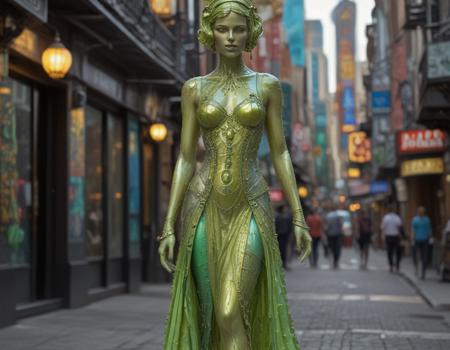 A sculpture made of Carnival glass, lime formal dress cyberpunk city. Iridescent surfaces, vibrant colors, intricate patterns, opalescent hues, reflective and prismatic effects, Art Nouveau and Art Deco influences, vintage charm, intricate detailing, lustrous and luminous appearance, Carnival Glass style.