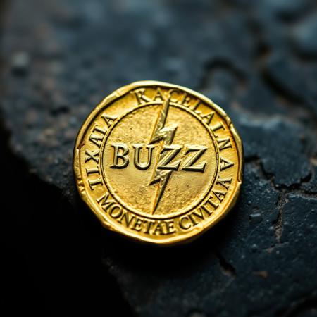 Closeup of a ancient Rome detoriated gold coin with lightning bolt symbol and text in ancient font saying BUZZ, text in around in circle shape saying "MONETAE CIVITAI", realistic, masterpiece, dramatic light, depth of field