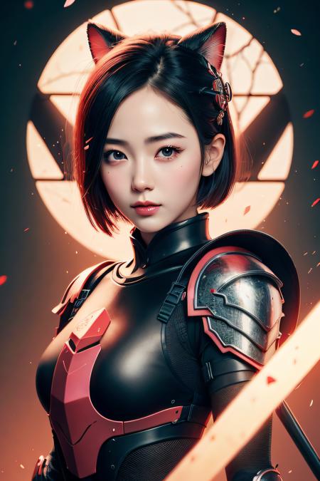 beautiful japanese young woman, wearing ninja armor, thick symmetrical features, very short hair, background is cherry blossoms, pink aura, red lips, octane render, <dhevv:m-style:b>