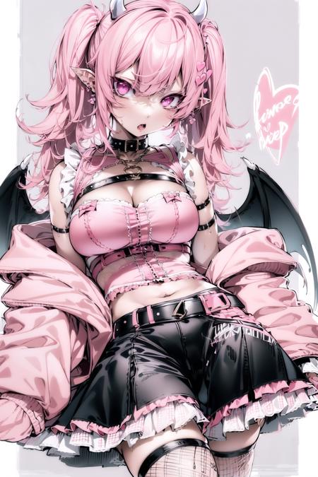 1girl, bangs, bare shoulders, belt, black skirt, breasts, chain, cleavage, collar, demon girl, demon wings, earrings, fishnet legwear, fishnets, heart, horns, jacket, jewelry, large breasts, long hair, long sleeves, looking at viewer, nail polish, navel, off shoulder, open mouth, pink eyes, pink hair, pink jacket, pink nails, pink shirt, skirt, sleeves past wrists, solo, thigh strap, thighhighs, twintails, wings