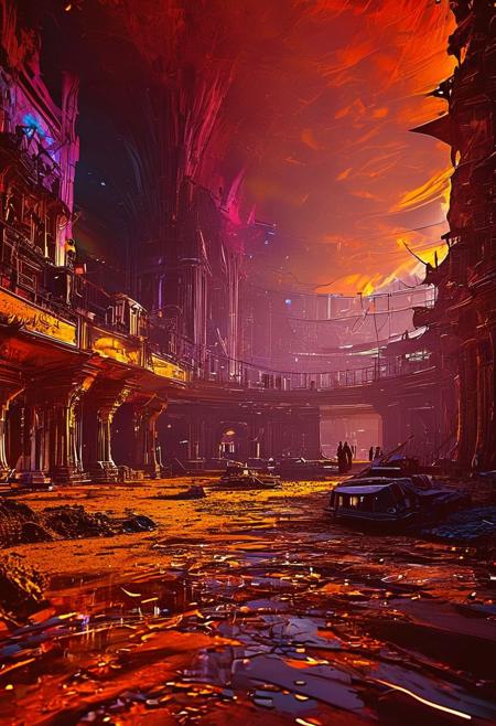 An otherworldly complex structure with pillars made of light and shadows, the ground pulsating with desaturated colors, ever-changing hues, embodying a dream within a dream, 
in the style of the movie ambiance of Ridley Scott's 'Alien' with 80s sci-fi nostalgia. Blend dreamlike, claustrophobic spaces, grimdark Warhammer 40K magic, and campy yet sinister tones. Envision a surreal, dystopian world where arcane forces meet retro-futuristic sci-fi, creating a uniquely haunting tableau
, in the style of an old 80's VHS dark fantasy, VHS screen grab, grainy, old footage