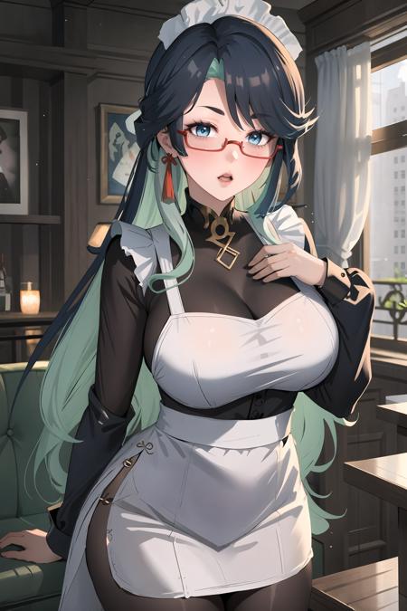 1girl, xianyun \(genshin impact\), glasses, solo, maid, maid headdress, maid apron, embarrassed, pantyhose, open mouth, blush, parted lips, looking at viewer, cowboy shot, bar \(place\), indoors, depth of field, masterpiece