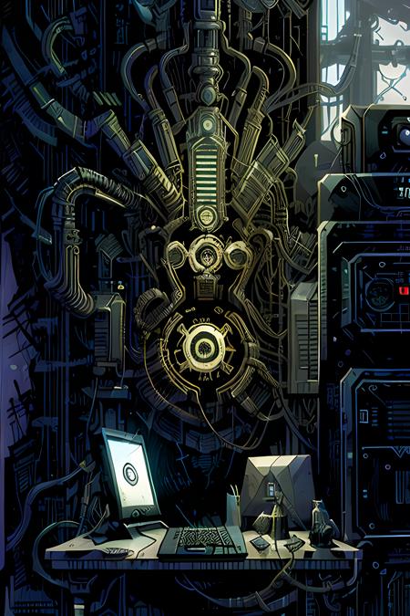 Photo of a computer on a desk <lora:tarot card:0.8>, dangerous depressing atmosphere, intricate, elegant, highly detailed, digital painting, artstation, concept art, smooth, sharp focus, illustration, art by h r giger and greg rutkowski and alphonse mucha, beautiful dramatic lighting, magnetic field, asteroid field