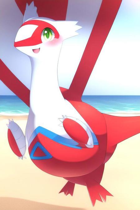 ((masterpiece,best quality)),best res,good anatomy,cute,ultra cute face,smiling,extremely detailed face,4k,happy, upper body,,detailed eyes,beautiful,smiling,,cute,very cute,, solo,, smile, ,blushing,full body,upper body,,middle of a beach,green eye,latias,red skin,