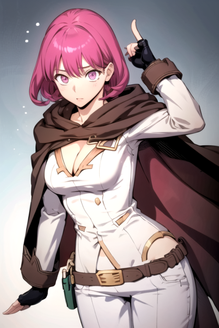 SunnyRanker, 1girl, solo, short hair, black gloves, cleavage, medium breasts, pink hair, black gloves, belt, white pants, fingerless gloves, pink eyes, brown cloak, 