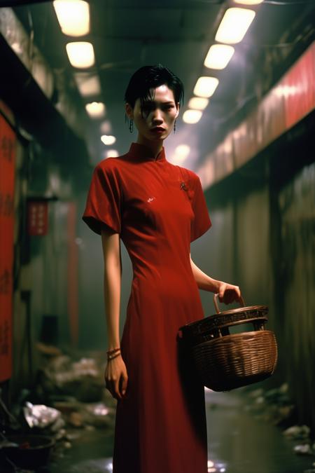 <lora:Director Wong Kar-wai style:1>Director Wong Kar-wai style - 1990s hong kong, a non-binary working-class model, who looks like clear facial features, wearing a red qipao holding a small basket, walking in Underground in Hong Kong, smoky background, wires, dark, dystopian, "fallen angels" inspired, in the style of hong kong 1990 aesthetic, fashion street photography, full body, retro, nostalgic, photo taken with ARRI cameras and Kodak Ultramax 400, gloomy, cinematic, bright flash, glare coming from above, screen light on the subject