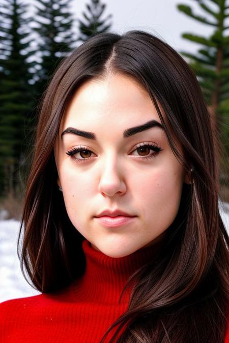 RAW Photograph, close up, classy Koh_SashaGreyv2, wearing red turtleneck sweater, outdoors in snowy mountain village, pine trees, snow, snowfall, ice paradise, log cabin in background, mountain, mountaintops, perfect eyes, sharp focus