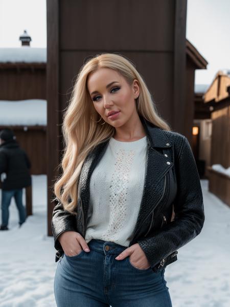 (sfw!), A RAW photo of a beautiful blonde_haired woman, savbond,  (wearing knitted_sweater and a leather_jacket and jeans!), snowy_village_street, cold, (snowing!), HDR, soft lighting, film grain, photorealistic, 8K, UHD, DSLR,  <lora:epiNoiseoffset_v2:0.6> <lora:more_details:0.75>, detailed skin texture, (blush:0.5), (goosebumps:0.5), subsurface scattering, RAW candid cinema, 16mm, color graded portra 400 film, remarkable color, ultra realistic, textured skin, remarkable detailed pupils, realistic dull skin noise, visible skin detail, skin fuzz, dry skin, shot with cinematic camera