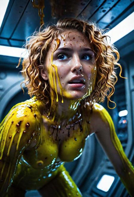 Fear. Scary lighting, Science fiction. ultra epic realism, dark cinematic lighting, large space maggots everywhere, fluorescent radioactive oil spilling  from hydraulic pipes all over face and body, face and body drenched in fluorescent oil, oiled down body, dripping, wet,   silky smooth texture across image. Space jellyfish brain sucker, crawling on body, Appleginny, female space mechanic, relaxed natural breasts, abs, defined arms, feminine, cute, deep in the bowels of a gargantuan interstellar battleship, 8k, sharp focus, RAW color,
