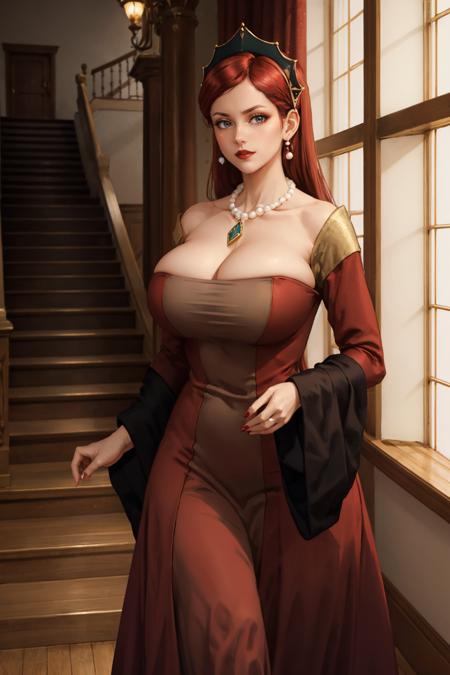 masterpiece, best quality, <lora:hildagreyrat-nvwls-v1-000010:1> hildagreyrat, grey eyes, headdress, earrings, pearl necklace, pendant, large breasts, red dress, cleavage, long dress, wide sleeves, lipstick, staircase, mansion, mirror, looking at viewer, walking