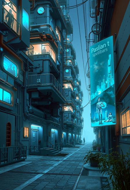 A narrow, futuristic alley stretches into the distance, bathed in a serene, bluish glow that radiates from the windows of densely packed, multi-story buildings. Each structure appears intricately layered, with hanging balconies, pipes, and conduits crisscrossing the facades. Soft, ambient light from the windows reveals silhouettes of machinery and figures inside, hinting at a world of technology. Small plants grow along the edges of the cobbled street, their leaves catching the dim light. A large, holographic display hovers on the side, showcasing a distant, sleek city skyline in glowing cyan. The overall mood is peaceful yet alive with quiet, futuristic energy.