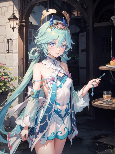 blue hair, multicolored hair, long hair, hair between eyes, twintails, horns, hair ornament, blue eyes, dress, bare shoulders, detached sleeves, barefoot, anklet