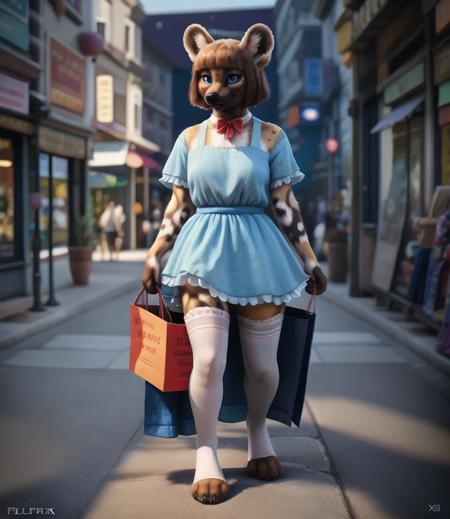 An anthropomorphic bipedal African wild dog dressed in people clothes doing a variety of every-day tasks, such as walking down a busy street and shopping at a market. ribbon around neck, freckles on face, white toeless legwear, thigh highs,cute, (detailed, realistic, photorealism, photorealistic, realism, FujiFilm XT3), octane render, volumetric lighting, night on the town, pretty frilly dress, solo focus, anthro, blue eyes, bob cut, blunt bangs, swept bangs, clothing color scheme is a mixture of blue and white. full-length portrait, soft focus. (by inkplasm, by kenket and foxovh:0.2), soft contrast, low contrast,