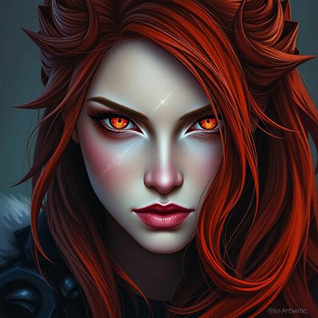 A woman with Red hair and Luminous eyes looks at the camera, Beautiful picture of the character, character portrait, character portrait, 🤤 Charlie Bowater character art, epic portrait illustration, подробныи character portrait, neo-artcore and Charlie Bowater, high quality portrait, fantasy concept art portrait, detailed matte fantasy portrait, charlie bowater art style, Detailed beautiful portrait, fantasy art portrait, dark, chiaroscuro, low-key, oil and watercolor painting
